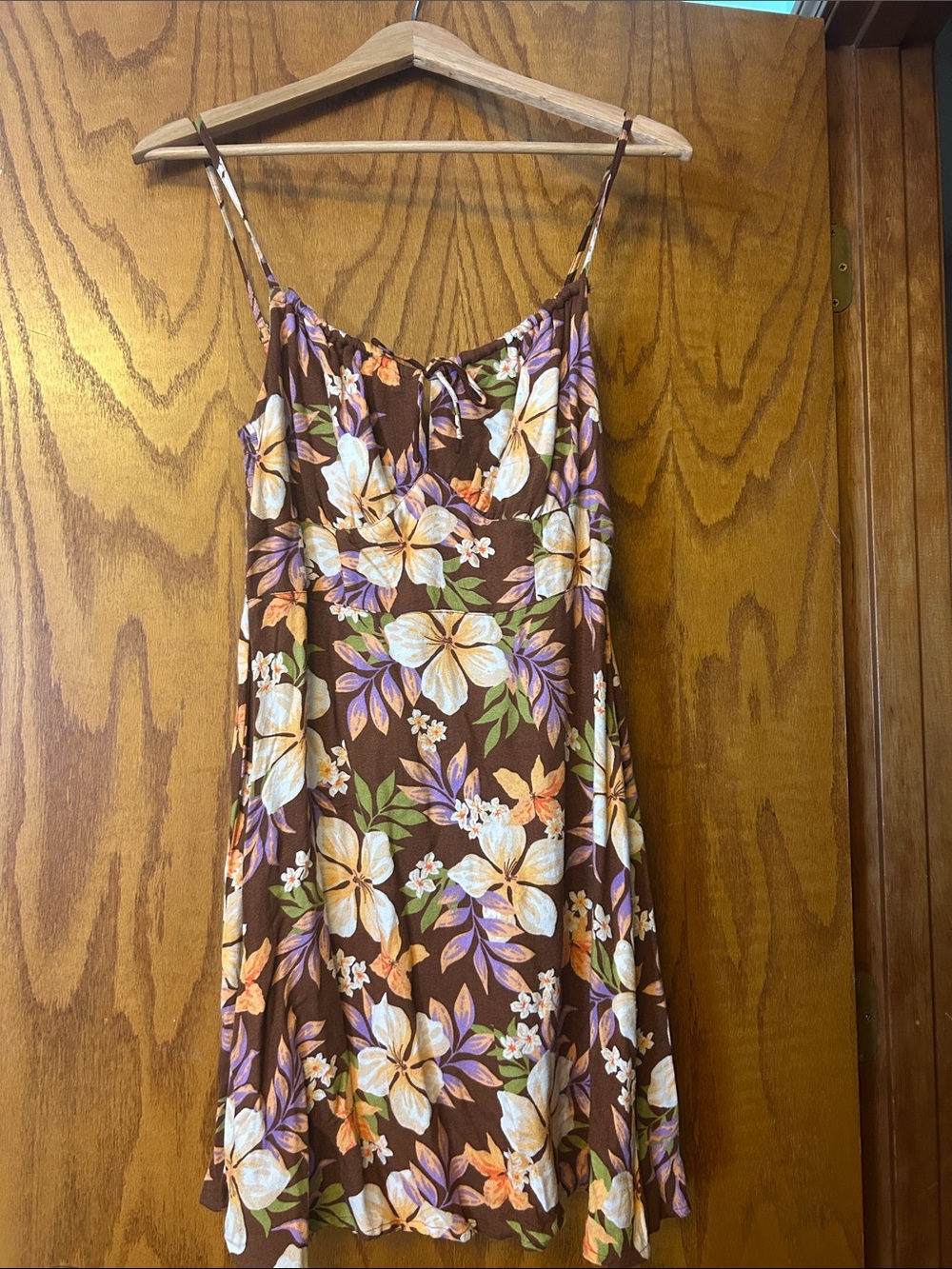 Billabong Brown Floral Slip Mini Dress with Cream, Purple & Orange Blooms